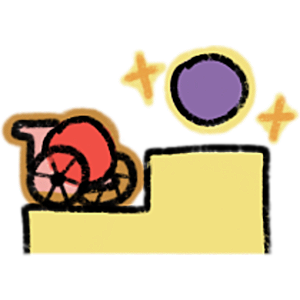 A red blob on a lower pedestal and a purple blob on a higher pedestal. The red blob uses a wheelchair and is outlined in bronze. The purple blob does not use a wheelchair and is outlined in yellow with sparkles around it.